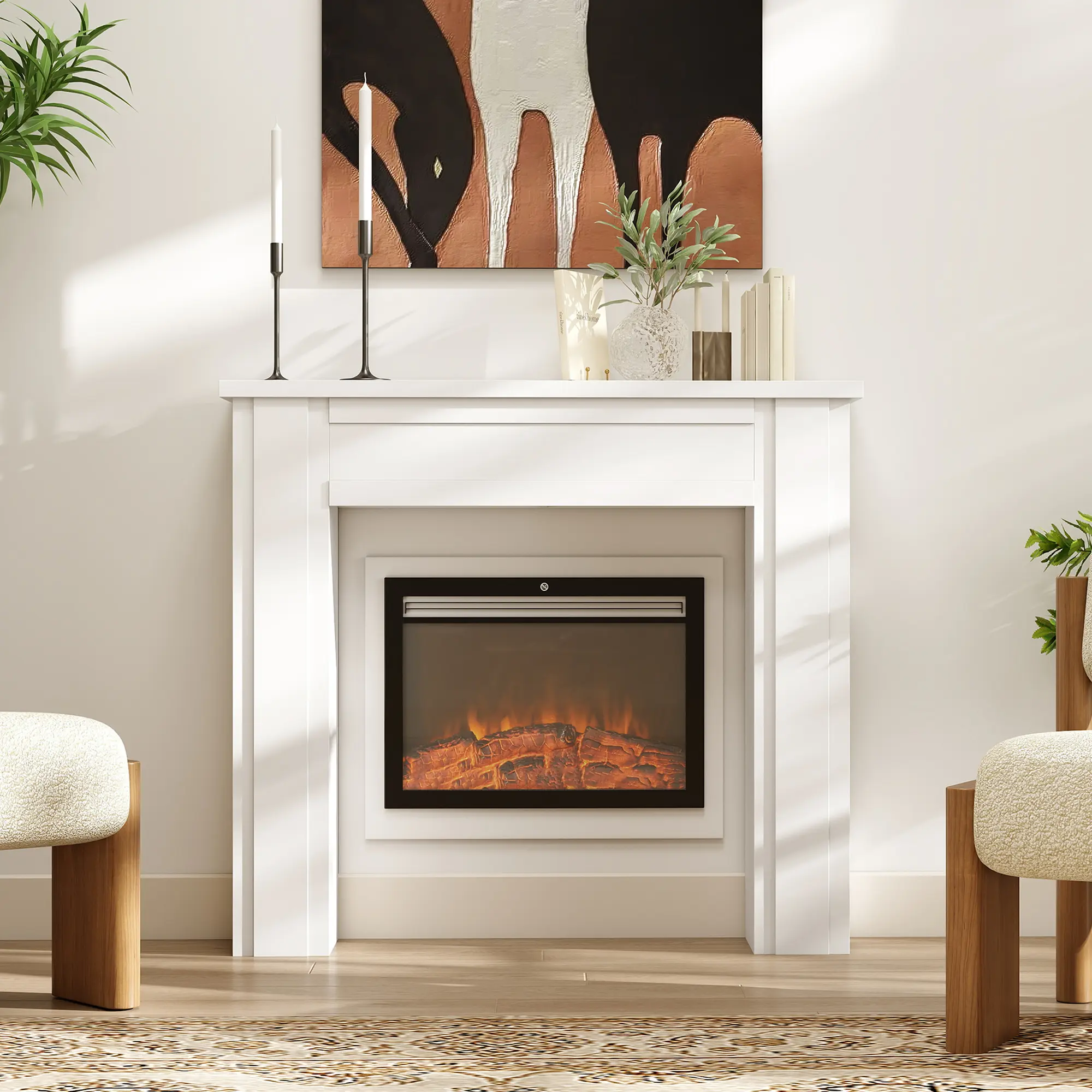 Modern Fireplace Mantel - Freestanding White Wooden Surround with Sturdy Support Legs, 44.7" W x 40" H, Compatible with 18"-24" Electric Fireplace Inserts for Living Room, Bedroom Decor