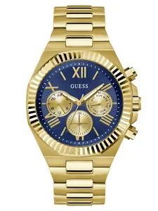 GUESS Male Ridged Gold-Tone and Blue Multifunction Watch