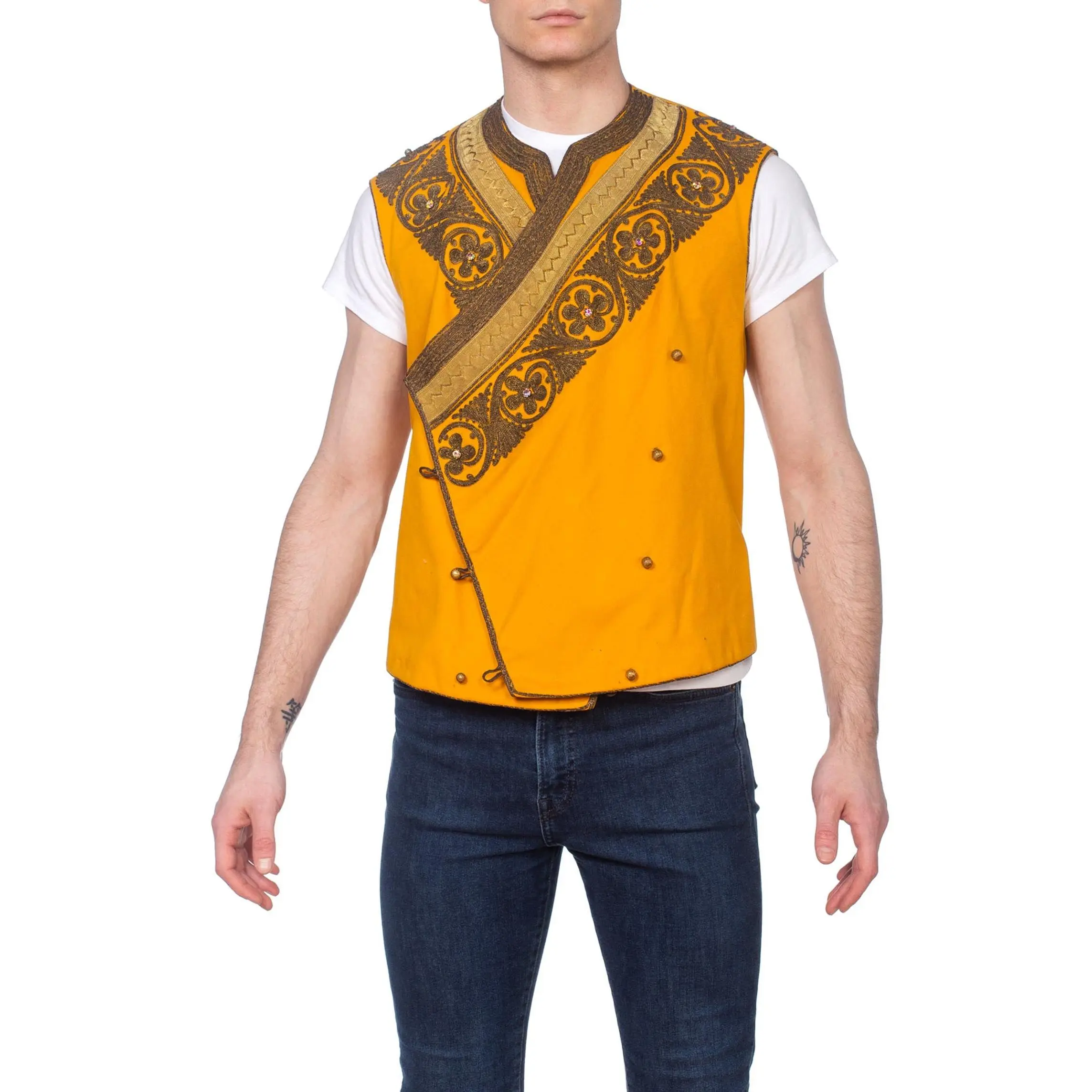 Edwardian Mustard Yellow Wool Antique Mens Silk Lined Military Vest With Gold Metal Embroidery