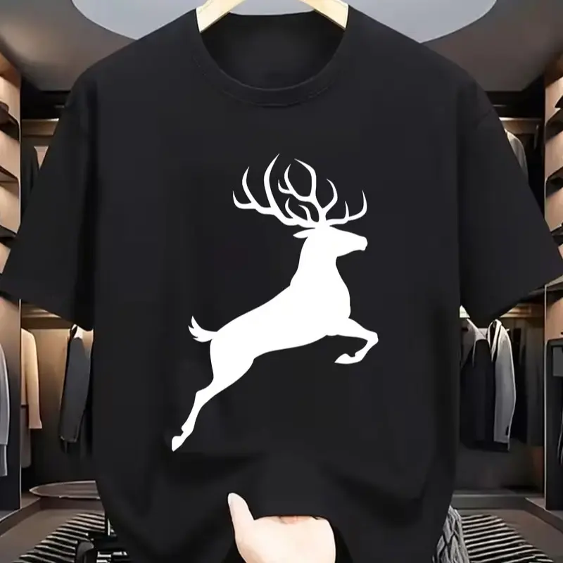 Wild Jumping Stag Elk Silhouette T-Shirt Forest Nature Animal Graphic Outdoor Hunting Casual Unisex Tops