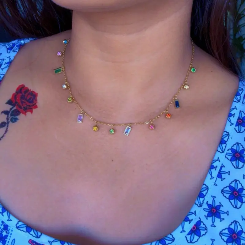 Women's Stainless Steel Daily Wear Necklace - Charm Details, Colored Gemstones, Chain Stone, Multi-Stone Fashion Costume Jewelry Necklace, Chain Stone Necklaces, Colored Stone Necklaces