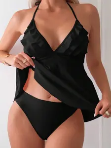 Ruffle Trim Halter Neck Tankini Swimsuit - Beach Vacation, Summer