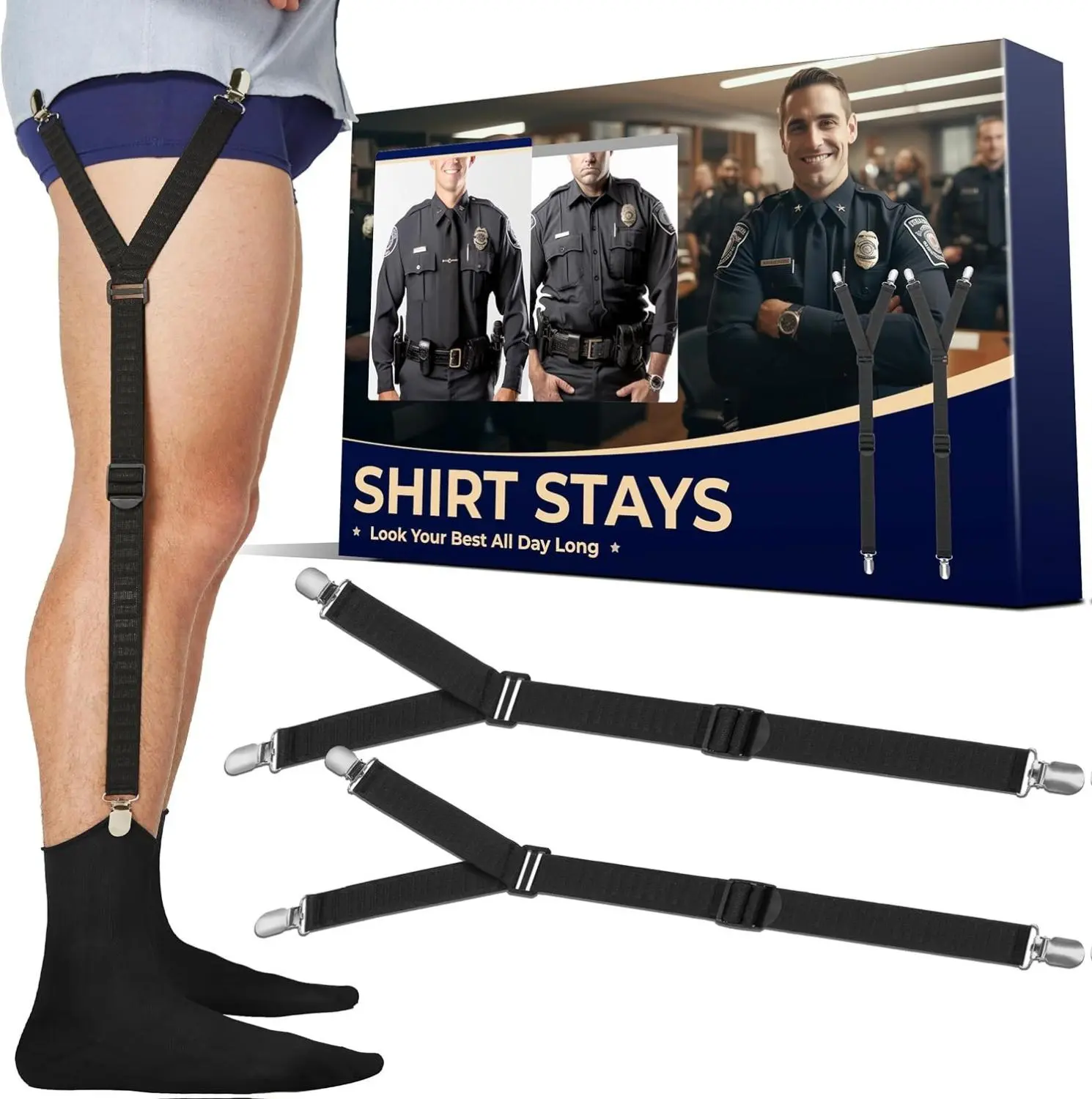 Shirt Stays Adjustable Soft and Smooth Elastic with Non Slip Clips Perfect Sock Garters for Military or Professional