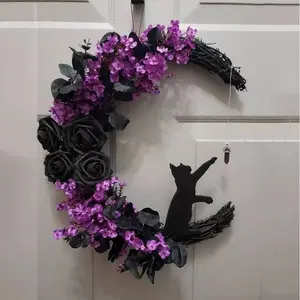 Gothic Rose Flower Moon Cat Vine Circle, Halloween Spooky Touch Home Door Hanging Decoration Wall Decor, Gothic Style Wall Art