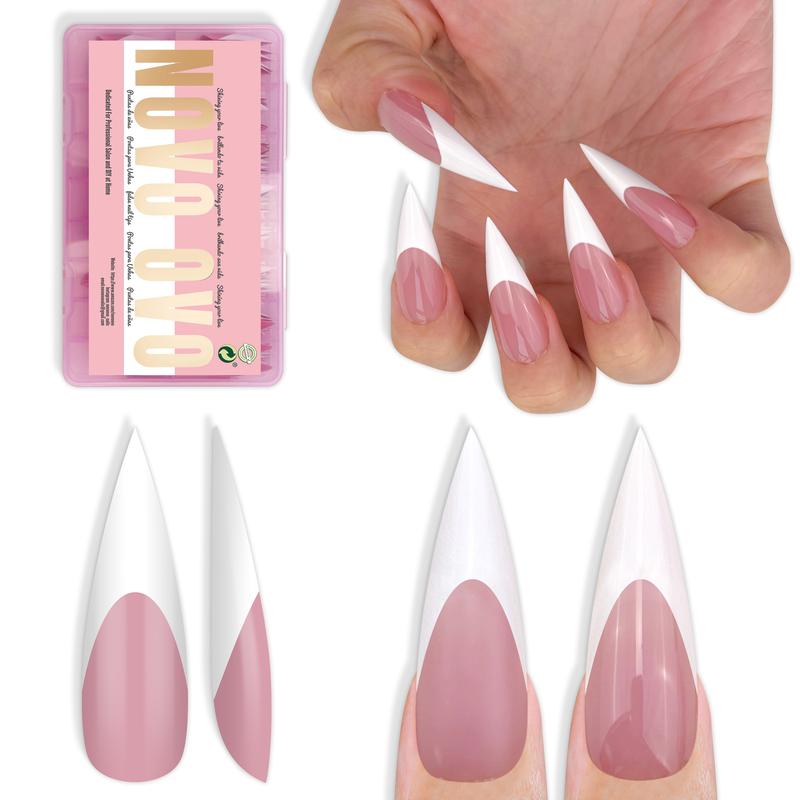 NOVO OVO White French Tip Long XL Sharp Stiletto Nail Tips Press on BERRY PINK,Soft Gel Double Matte Fake Nail Extension, Full Cover False Nails for Acrylic DIY x 16 Sizes 160 pcs【 NO GLUE TOP COAT AND LAMP INCLUDED】