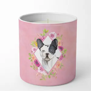 Carolines Treasures  10 oz Black & White Frenchie Pink Flowers Decorative Soy Candle