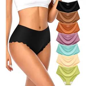 High Waisted Seamless Underwear for Women No Show Panties Sexy Cheeky Bikini Scalloped Edge Breathable Briefs 7 Pack
