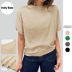 Imily Bela Womens Short Sleeve Sweater Casual Basic Crew Neck Loose Knit Pullover Tops Summer Lightweight Blouses