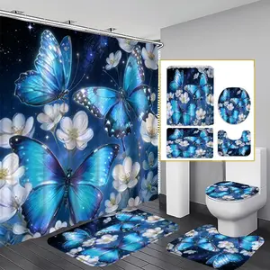 1pc/3pcs/4pcs - Blue Butterfly Pattern Bathroom Mat Set, 3pcs Bath Mats + 1pc Shower Curtain, Polyester Material, Includes 12 Plastic Hooks, Easy to Clean