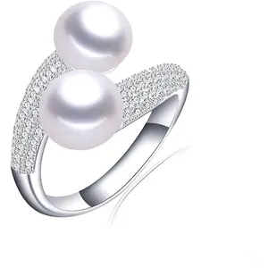 Pearl Ring Open Twist Stacking Rings for Women Freshwater Bread Pearl with Zirconia Adjustable Crossover Statement Ring Band