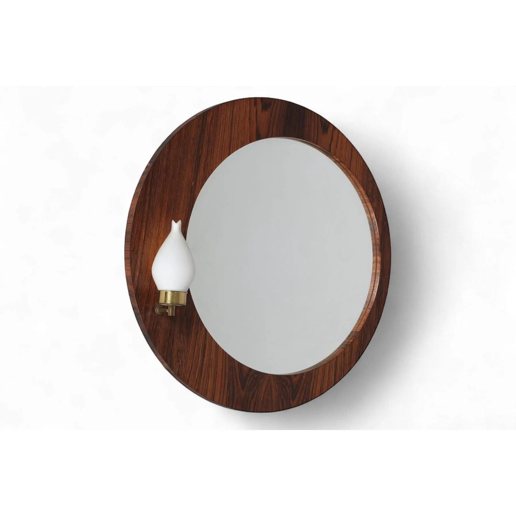 ROUND 1960s VINTAGE DANISH ROSEWOOD WALL MIRROR + SCONCE