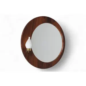 ROUND 1960s VINTAGE DANISH ROSEWOOD WALL MIRROR + SCONCE