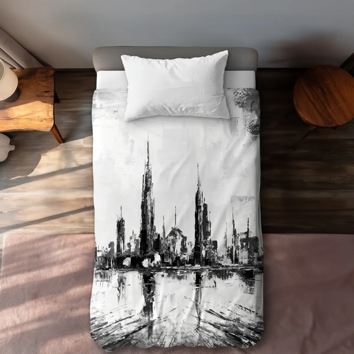 360 stand Twin Extra Long Duvet Cover Set - Abstract & Texturized Mono City Design, Elegant Breathable Decorative Bedding for Modern Bedroom, Bedding Sets, Printed Bedding Set