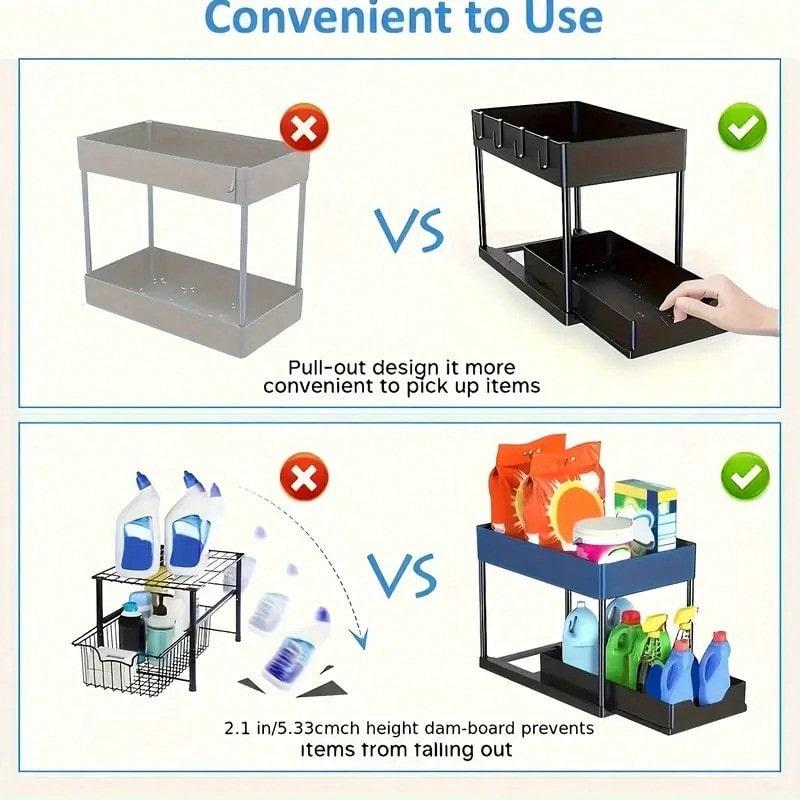 TAIMASI 2-Tier Under Sink Storage Organizer - 1pc Pull-Out Organizers With Slide Out Shelf And Metal Sliding Drawer For Kitchen, Bathroom, Pantry Cabinet, And Closet Organization - Space-Saving Solution For Maximizing Storage Capacity