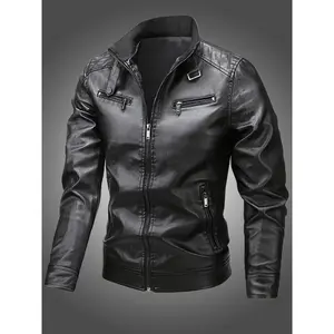 Men's faux leather motorcycle jacket for spring and autumn, casual riding outerwear. Top Sleeve