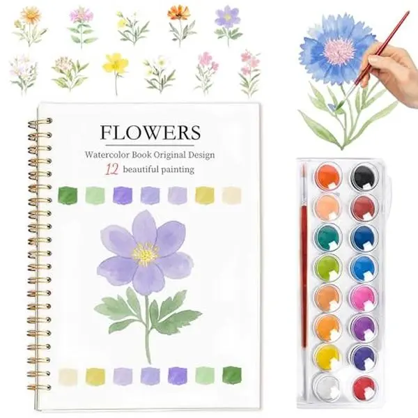 Easy Watercolor Workbook for Beginners - 12 Beautiful Step-by-Step Paintings Water Coloring Book, Includes 16 Colors Paints, Relaxing Art Projects and Creative Gift for Adults & Teen (Flowers)