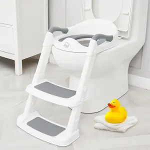 Potty Training Toilet Seat with Step Stool Ladder for Toddler Kids, Suitable for Boys Girls, Non Slip Foldable Toilet Training Seat with Soft Cushion & Comfortable Handles (White-Grey)