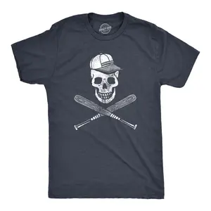 Mens Baseball Skull T Shirt Sports Fan Baseball Pirate Skull and Crossbones Graphic Novelty Tee Mens Funny T Shirts Cool Vintage Fashion T-Shirt Gift Classic Menswear Funny Baseball Short Sleeve Novelty Tees Navy