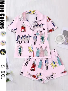 Hamilton Musical Themed Women's Pajama Set, Short Sleeve Shirt Collar Button Soft Top & Elastic Shorts, Casual Home Wear