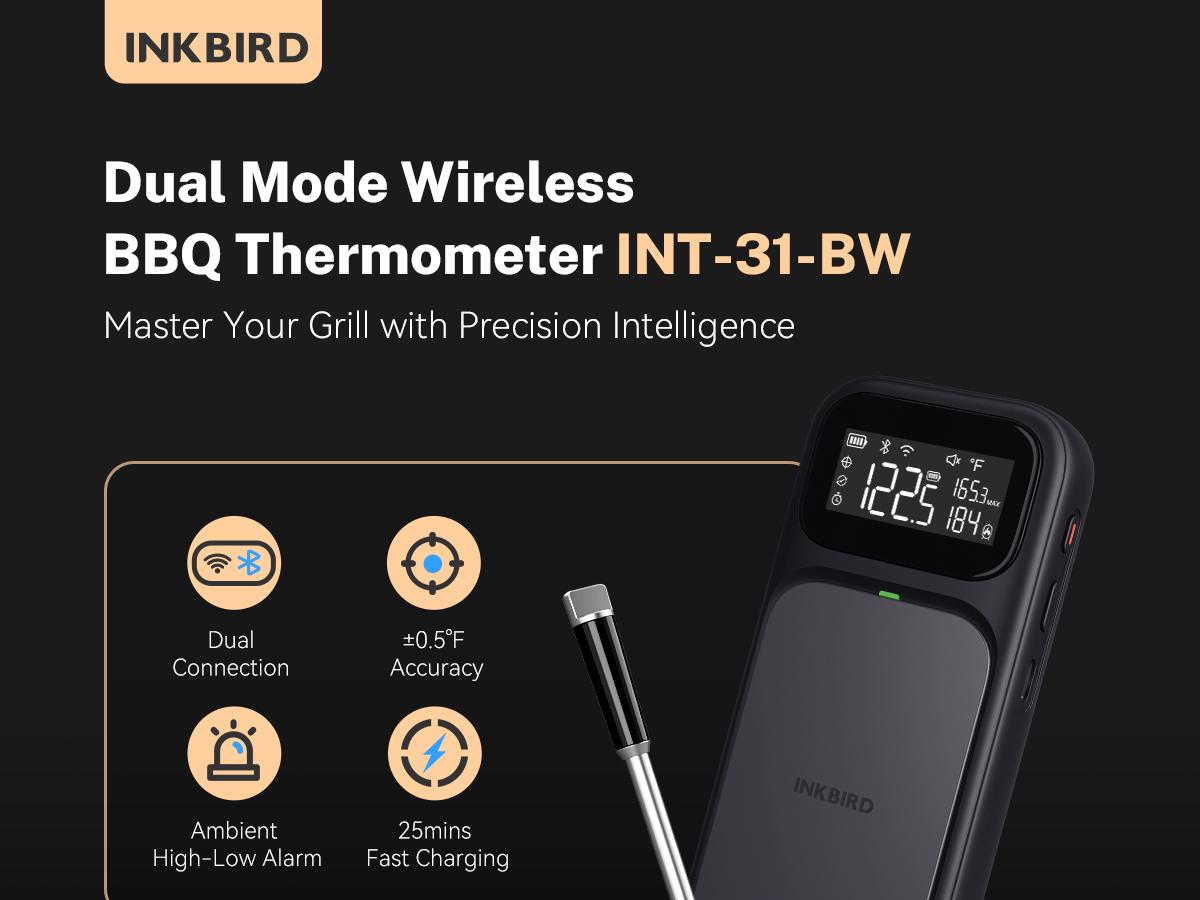 INKBIRD INT-31-BW Wireless Meat Thermometer, WiFi 5G and Bluetooth 5.4 Dual Connection, Multi-sensing Temperature Probe, NIST Approved Accuracy, High and Low Temp Alarms with Cooking Time Estimator