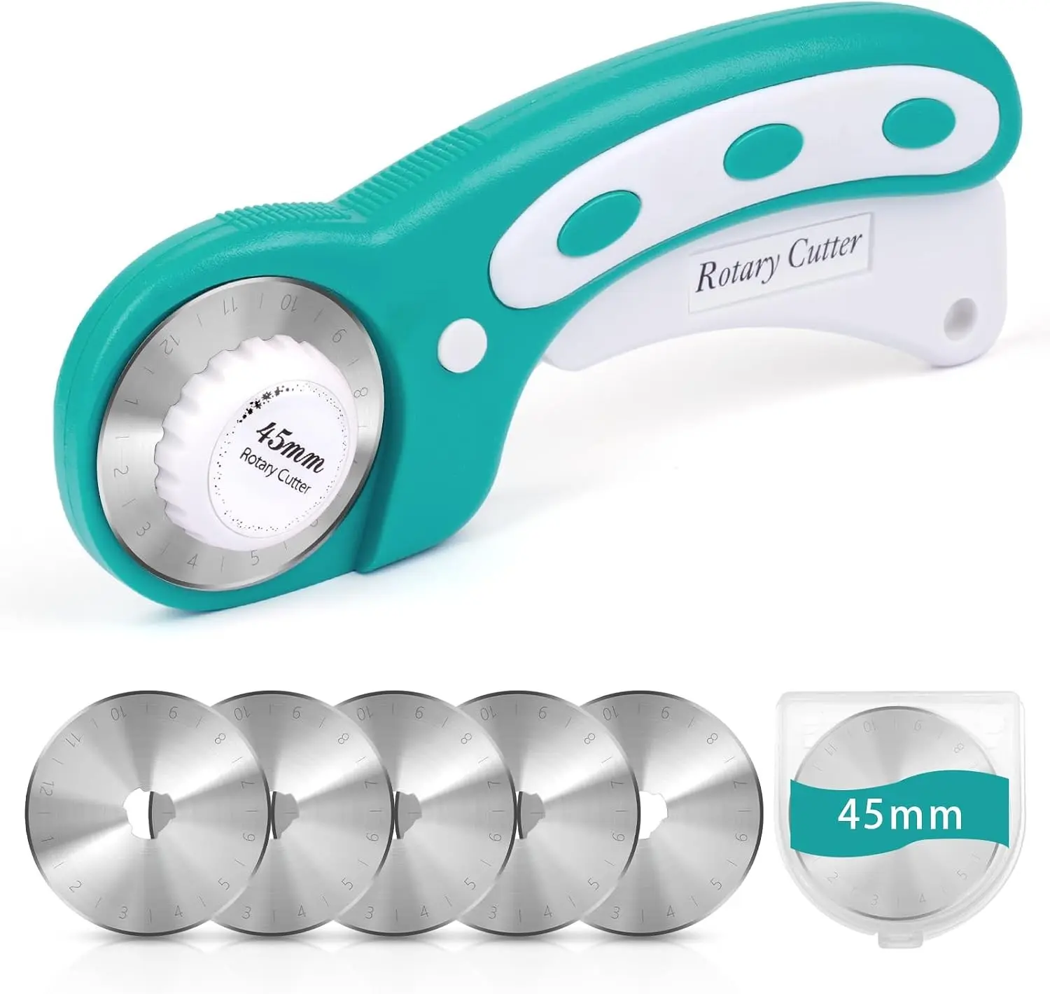45mm Rotary Cutter for Fabric with 5 Replacement Blades, Ergonomic Safety Fabric Roller Cutter for Leather, Sewing, Quilting & Crafting, Ambidextrous Left/Right Handed Design (Teal)