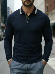 Men's Contrast Color Long Sleeve Polo Shirt, Deep Blue Main Color, Casual Fitted Style, Spring & Fall Outerwear, Winter Layering