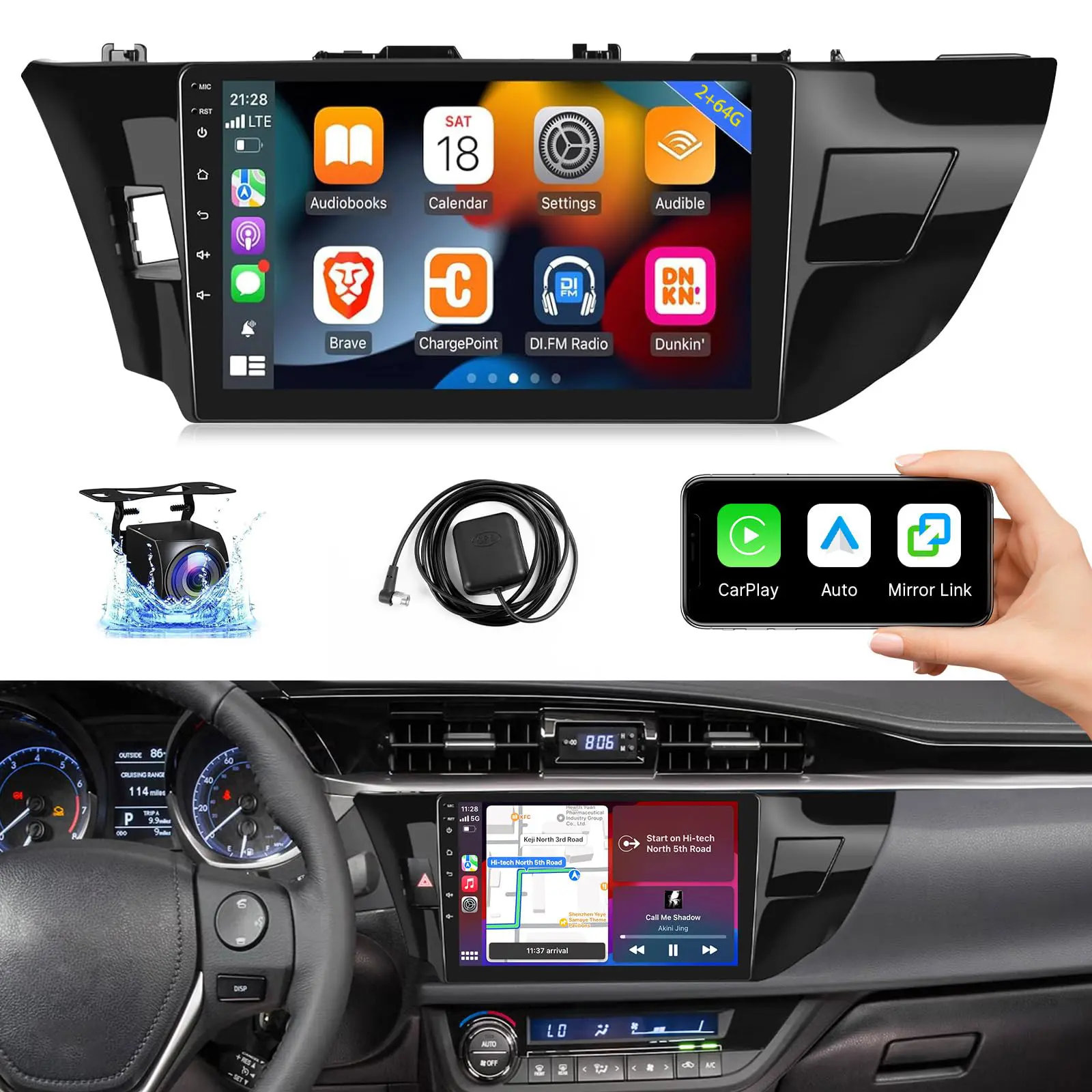 10-Inch 4G Android 13 Car Stereo Head Unit for Toyota Corolla 2014-2016 - Wireless CarPlay, Android Auto, GPS, Car Video Player, Backup Camera, Hands-Free Calls on the Go, Smooth App Performance
