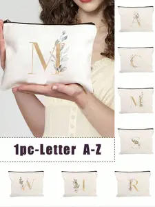 Gold letter A-Z print, polyester women's cosmetic bag, makeup organizer pouch, zippered small bag, multi-functional storage bag, portable toiletry bag, large capacity travel cosmetic bag for travel,business trips, and vacations.