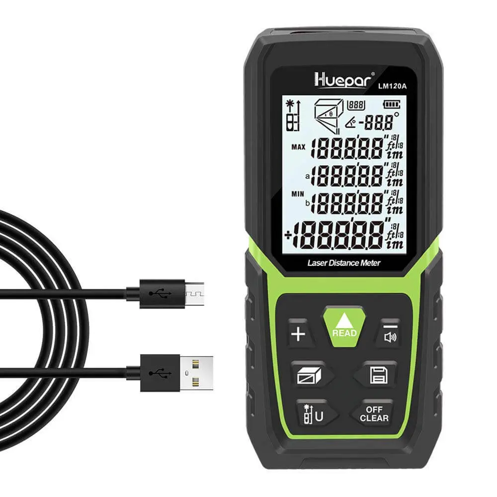 Huepar Laser Distance Meter 393 ft, Backlit LCD Laser Measurement M/in/Ft,, Equipped with Li-ion Battery and Electrical Angle Sensor, with High Accuracy Multi-Measurement Mode, Pythagorean Theorem, Distance, Area and Volume
