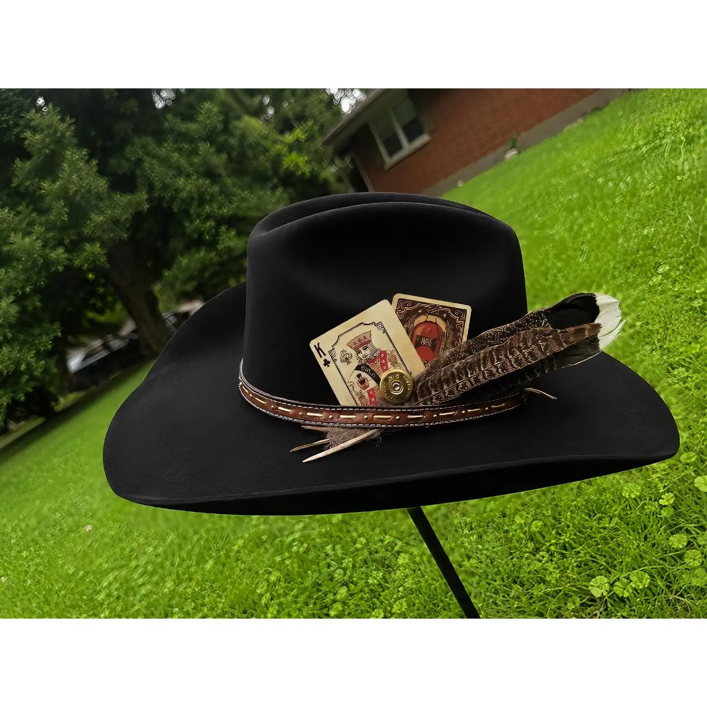 Custom Cowboy Hat for Men or Women - Western Style with Leather Band, Vintage Playing Cards, Shotgun Shell Accent, and Layered Feathers - BrimAndBling