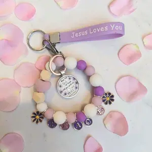 Handmade Stylish Practical Casual Design Jesus Keychain, Purple Tassel "May the God of Hope Fill You with Joy" Charm, "Jesus Loves You" Message, Peace-Spelled Letter Accent
