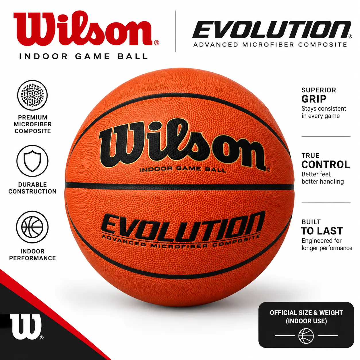Evolution Indoor Basketball, Advanced Microfiber Composite Cover, Premium Grip and Control, Durable Indoor Game Ball Size 29.5”