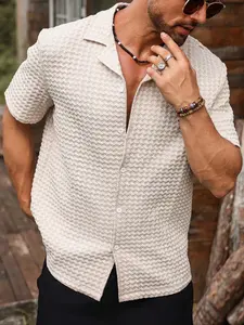 Men's Regular Fit Solid Bubble Print Short Sleeve Shirt, Casual Button Down Front Comfy Top for Summer, Fashion Men's Clothes for Daily Wear