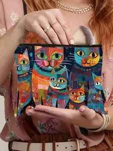 Cat Theme Makeup Bag, Lightweight Travel Cosmetic Pouch with Zipper, Multifunctional Cat Pattern Design, Unisex Gift for Mom Sister Friend, Travel Cosmetic Bags, Makeup Organizer Pouch