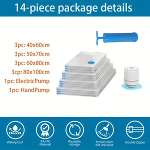 Set of 14, Vacuum Storage Bags with Electric Air Pump, Travel Compression bag, suitable for clothes, pillows, quilts, travel