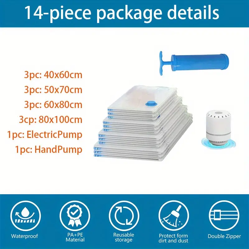 Set of 14, Vacuum Storage Bags with Electric Air Pump, Travel Compression bag, suitable for clothes, pillows, quilts, travel