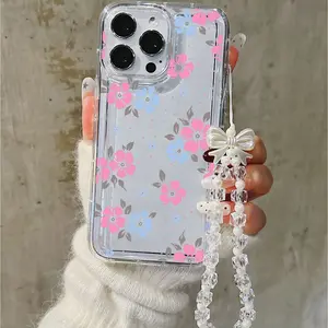 Floral Crystal Bead Phone Case with Bow Charm, Soft Pink & Blue Flower Pattern Shockproof Wear-Resistant Cover Compatible with iPhone 11/12/13/14/15/16 Pro Max/Pro/Plus