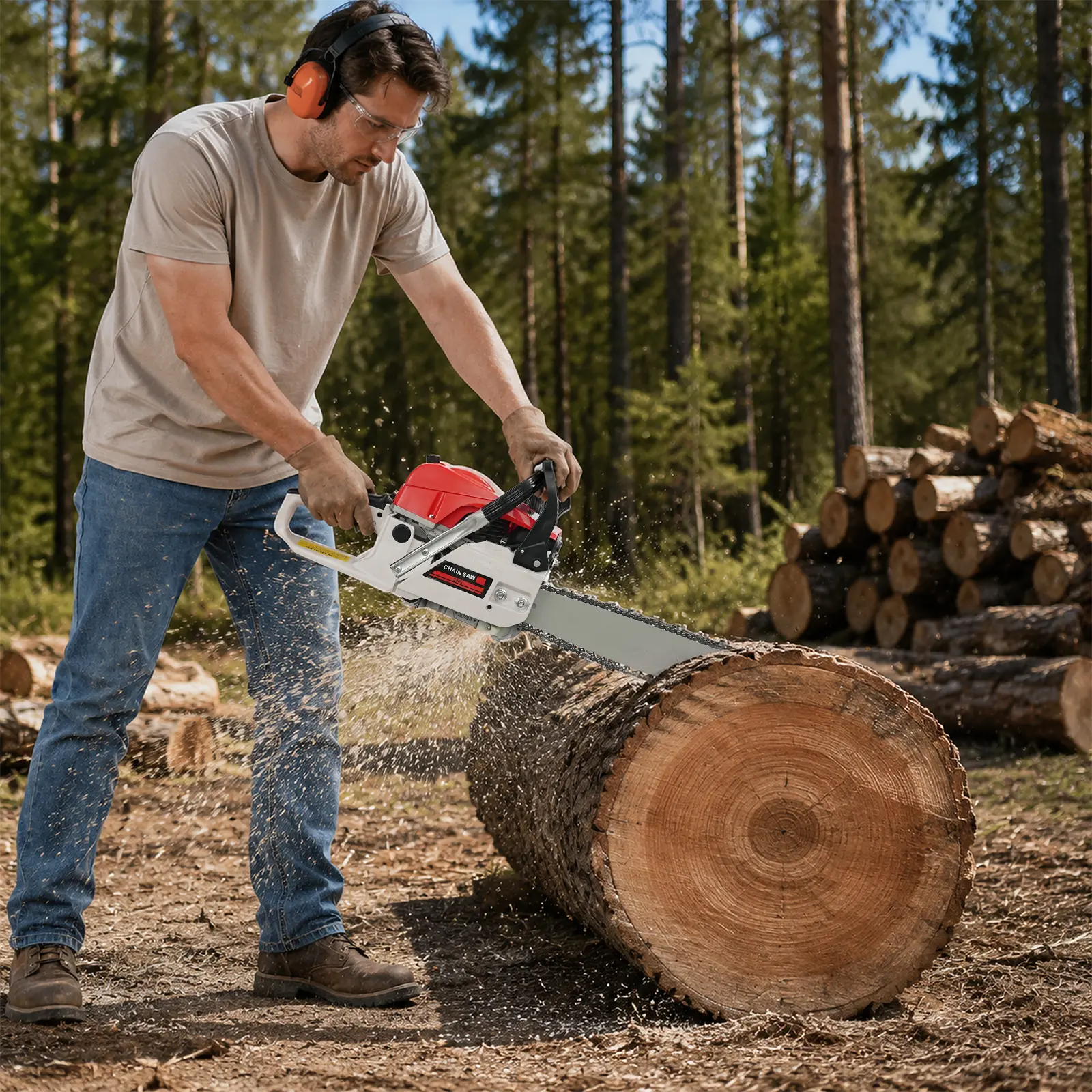 52cc 20in Gas Chainsaw 2-Stroke 2.0KW 7500RPM Wood Cutting Saw with Chain Brake for Farm Ranch Forestry