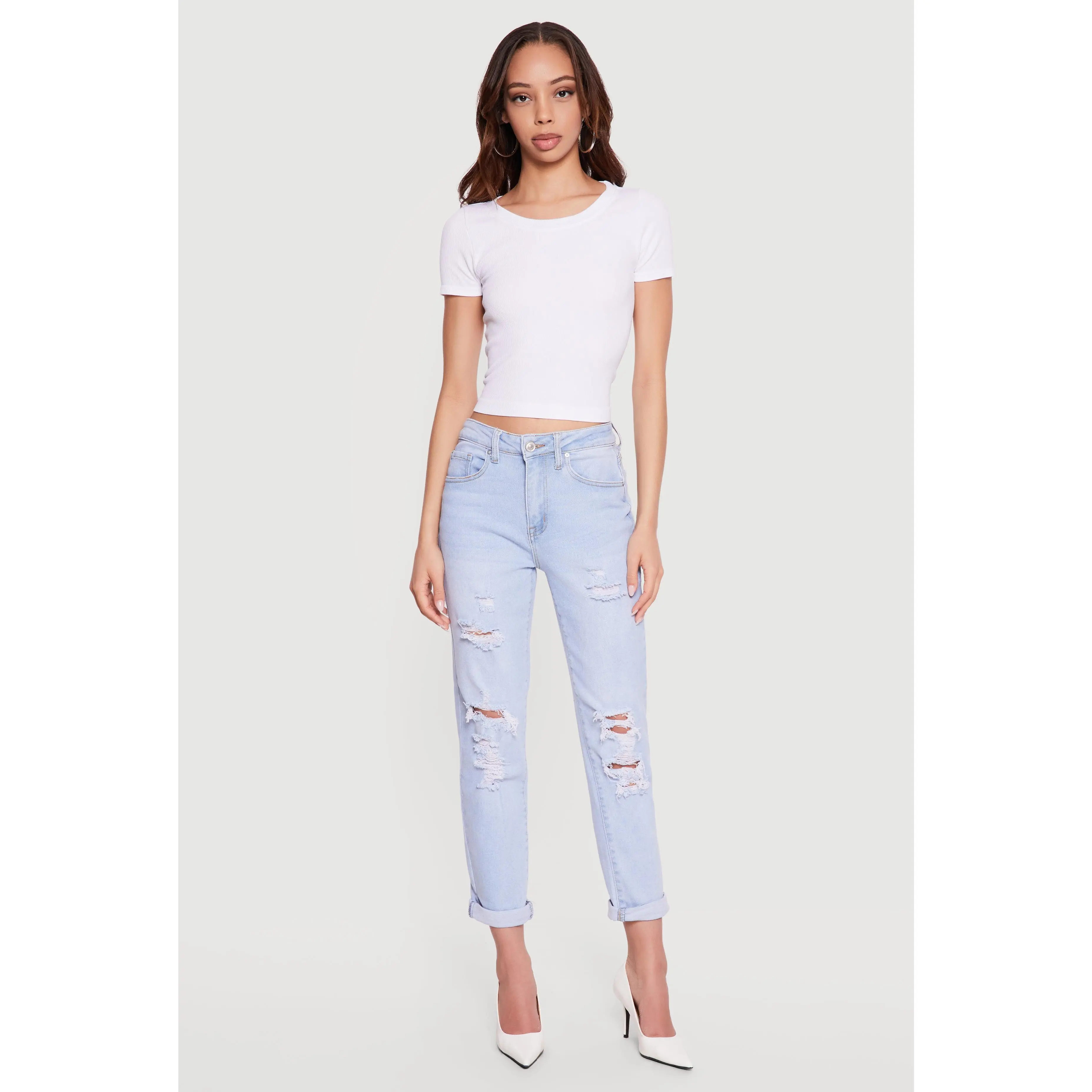 Distressed Straight Leg Roll Cuff Jeans