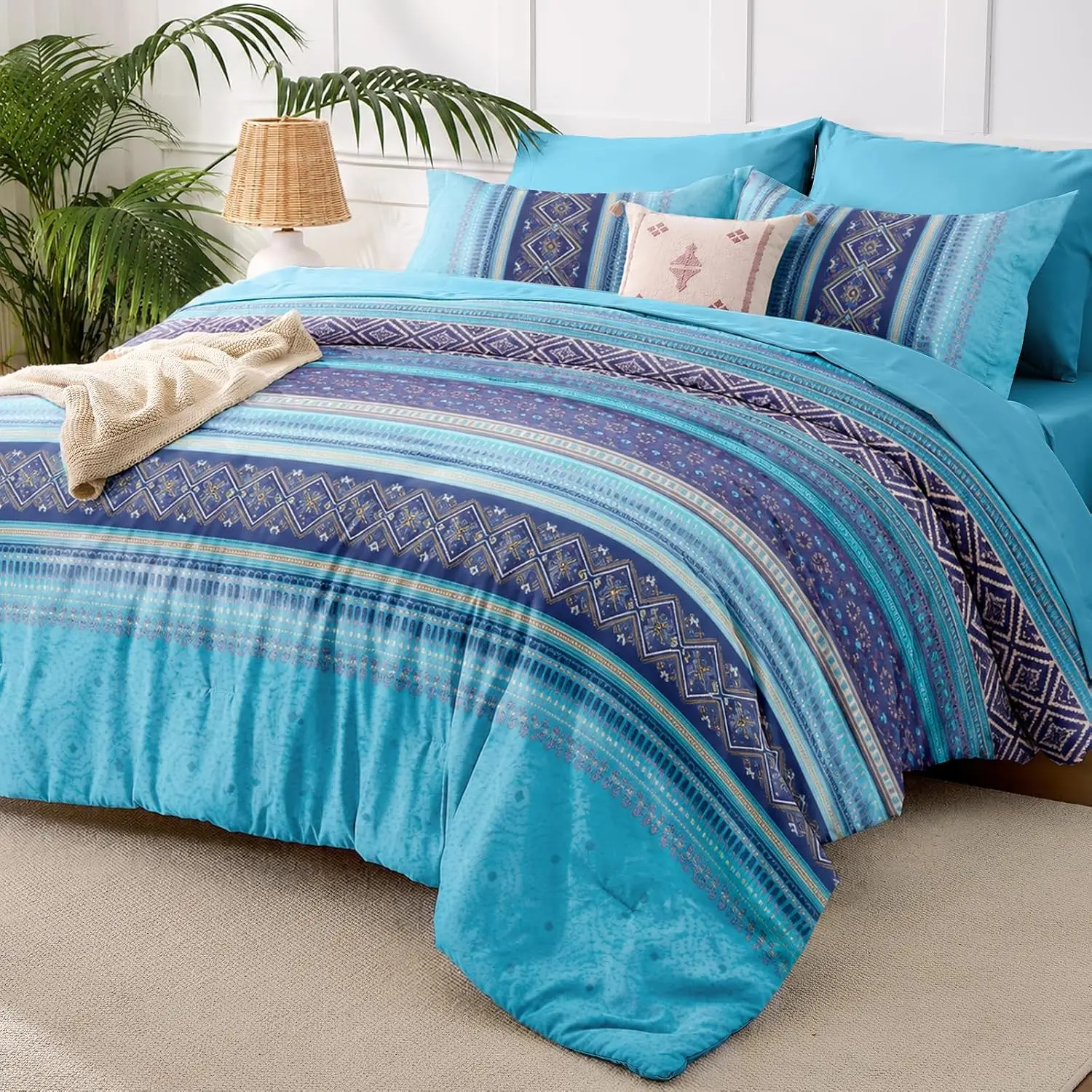 JOLLYVOGUE 7-Piece Striped Boho Queen Comforter Set - All Seasons Bed in a Bag Bedding Set with Sheets, Pillowcases, Pillow Shams, Boho Blue