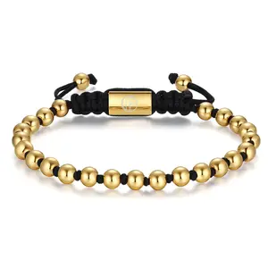 18K Gold-Plated Bracelets for Men Stainless Steel Beads Bracelet Adjustable Bracelet Birthday Jewelry Gift