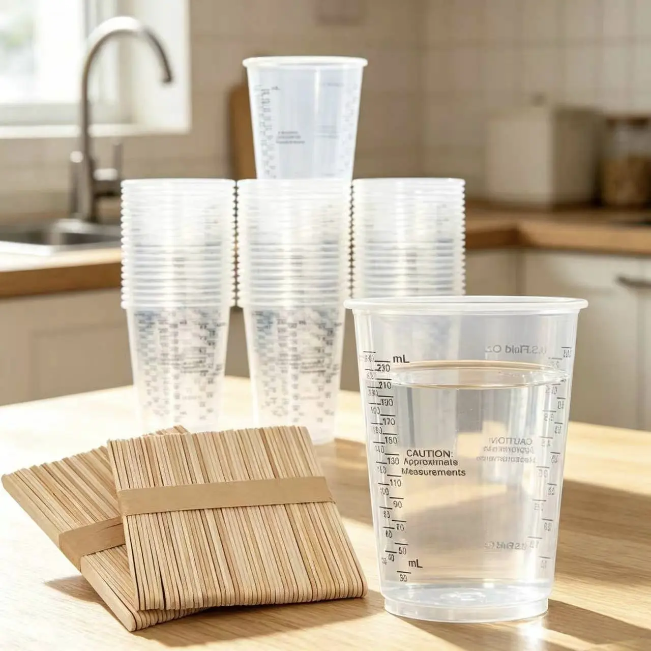 Sharlovy 8oz 25 Pack Clear Plastic Measuring Cups with 25 Pack Wooden Stir Sticks, Disposable for Liquid Measuring, Paint & Epoxy Resin Mixing, Multiple Packs Available