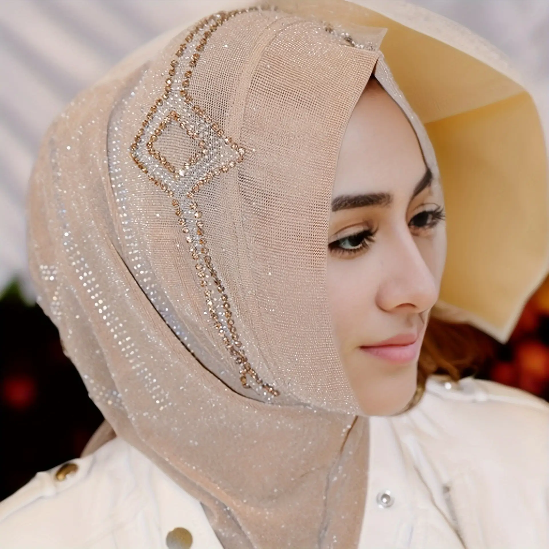 Luxury Muslim Hijab for Women - Breathable & Stretchable Headscarf, Handcrafted with Beaded Accents, Perfect for Ramadan & Islamic Celebrations, Elega