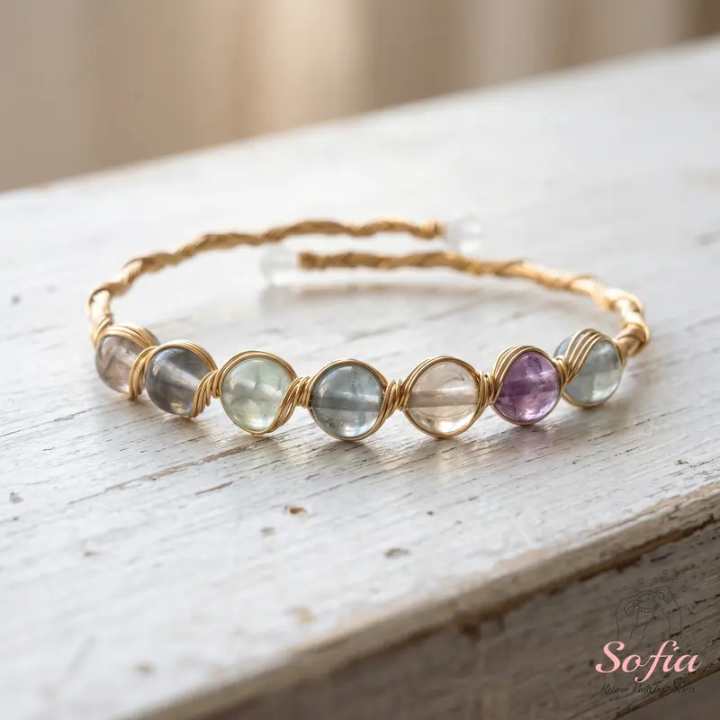 Sofia Wire Wrapped Fluorite Bracelet | 14K Gold Filled Wired Bracelets | 5MM Beads Boho Style Jewelry, Gifts for her, Mother's Day Gift, Everyday Wear Bracelet, Gold Beaded Bracelets
