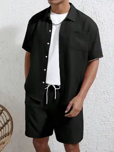 Men's Two-Piece Set Outfit Short Sleeve Shirt & Drawstring Shorts, Casual Summer, Breathable Woven Fabric, Fitted Style