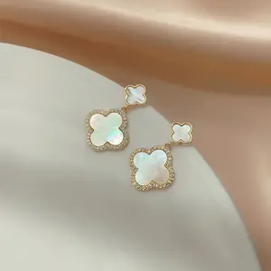 Four-leaf Clover White Earrings Micro-inlaid Zircon Gold Ear Jewelry Birthday Gift Wedding Celebration Party