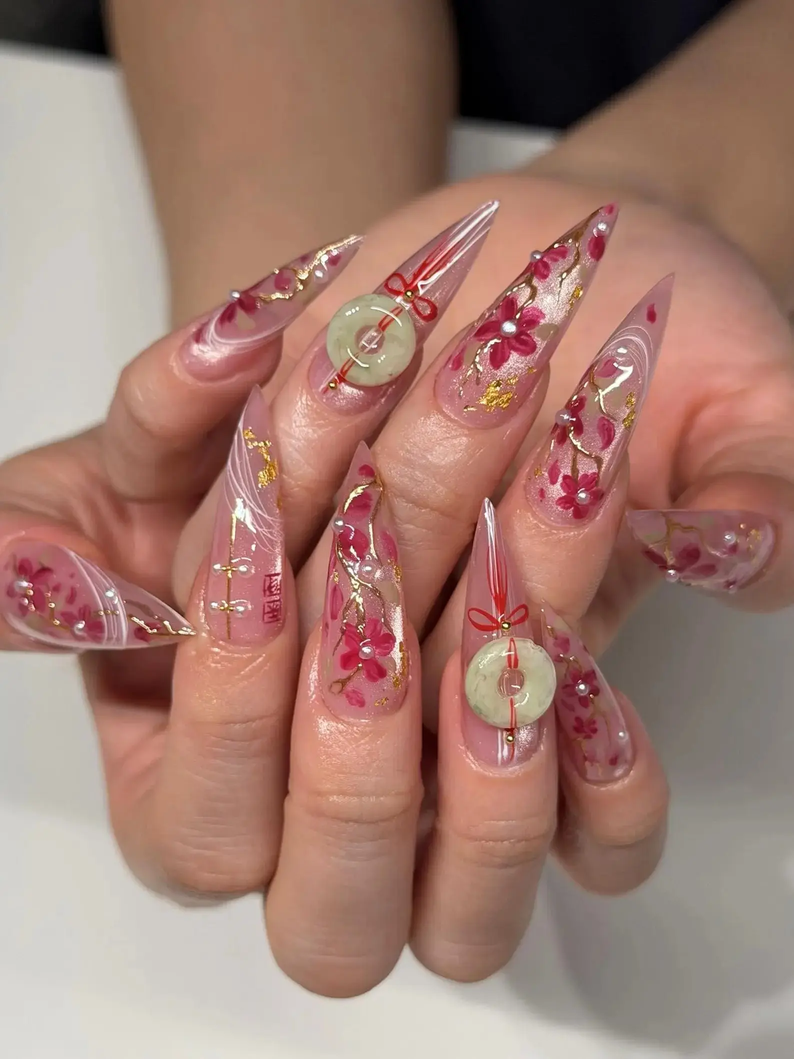 3D Jade Charm Cherry Blossom Press On Nails | Pink Long Stiletto Fake Nails | Asian Inspired Luxury Gold Leaf Nails | Elegant Luxury Nails