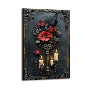 “Gothic Key & Crimson Bouquet” Canvas: Viral Dark Romantic Decor for Witchy Spaces & Vintage Lovers