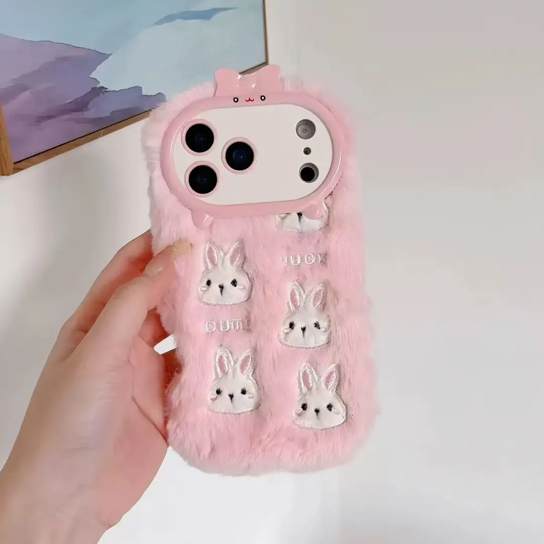 3D Plush Embroidered Rabbit Smartphone Case with Bows & Cartoon Design - Soft Rubber Anti-Fall Cover for Customized iPhone 17 (ip17) Pro Max,16 Pro,15-14 - White,Pink Autumn Winter Cozy Accessory