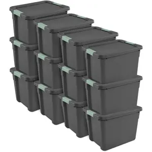 Sterilite 12Pk Latch Tote, Stackable Plastic Storage Container, 12Gal,Gray/Green Sterilite 12Pk Latch Tote, Stackable Plastic Storage Container, 12Gal,Gray/Green